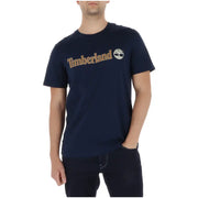 bleu marine Timberland T-shirt homme en coton avec logo beige et blanc, col rond et manches courtes