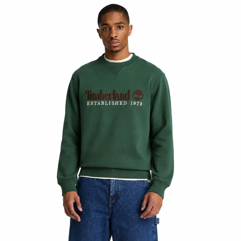 Timberland Sweat-shirt homme en coton vert foncé avec logo marron et blanc sur la poitrine
