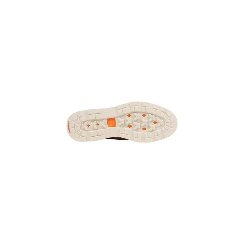 Timberland men lace up beige suede shoes with white rubber sole featuring orange diamond accents and textured tread