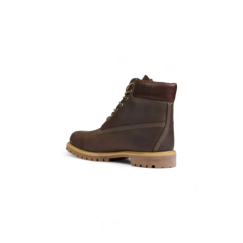 Timberland Bottines en cuir pour homme, marron foncé, semelle en caoutchouc beige et surpiqûres contrastantes, modèle TB127097214