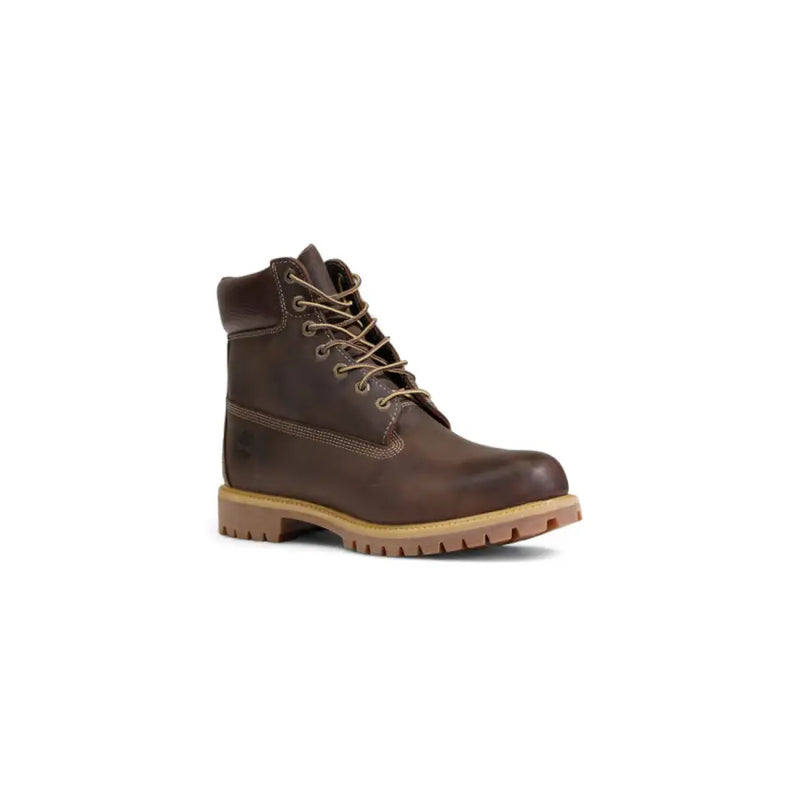Timberland Bottines en cuir marron pour homme, modèle TB127097214, hauteur 15 cm, lacets beiges et semelle en gomme.