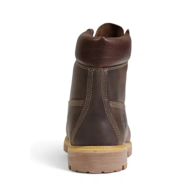 Timberland Bottines en cuir marron pour homme timberland Bottes de 15 cm avec semelle en caoutchouc beige et surpiqûres contrastantes.