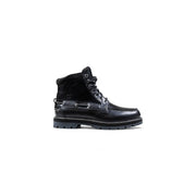 Timberland Bottines en cuir noir pour homme, montantes en cuir et daim, lacets, œillets métalliques et semelle robuste.