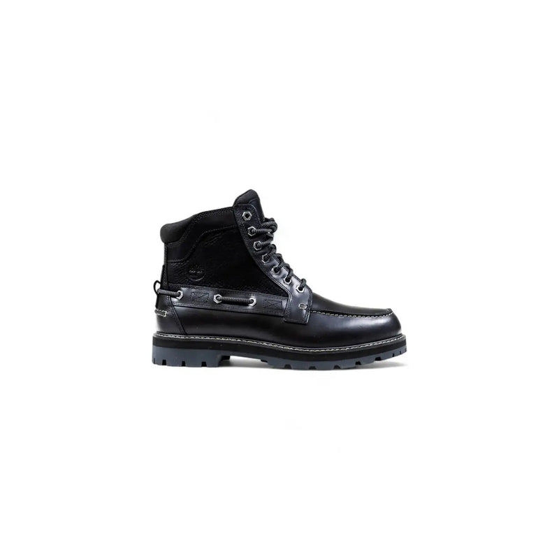 Timberland Bottines en cuir noir pour homme, montantes en cuir et daim, lacets, œillets métalliques et semelle robuste.