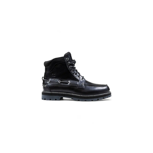 Timberland Bottines en cuir noir pour homme, montantes en cuir et daim, lacets, œillets métalliques et semelle robuste.