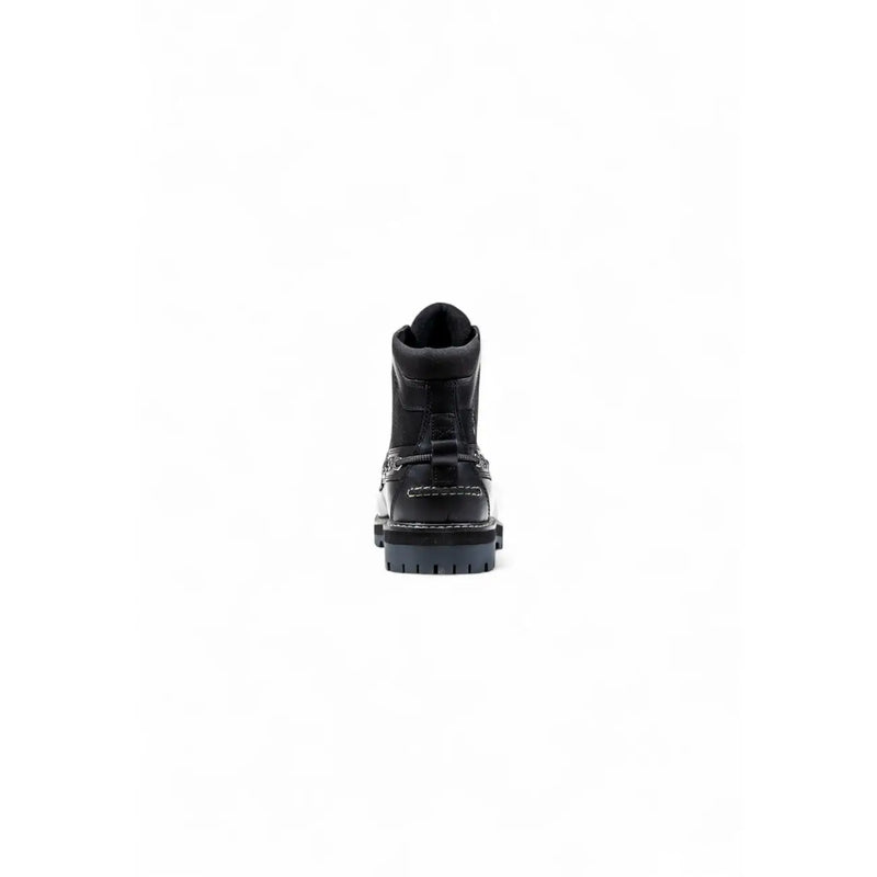 Timberland Bottes en cuir pour homme, noires, montantes, en cuir noir, semelle robuste et surpiqûres blanches contrastantes.