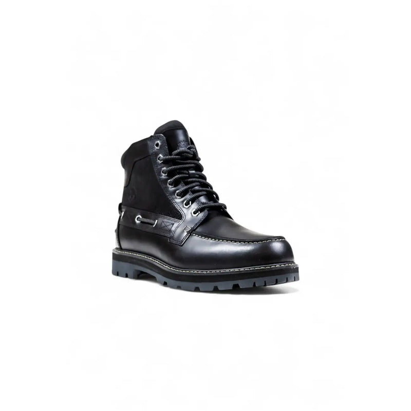 Timberland Bottes en cuir noir pour homme, bottines montantes à lacets, semelle robuste et détails de couture.