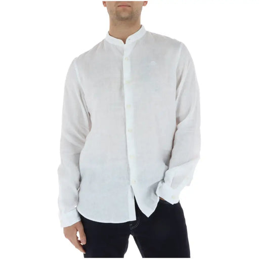 Timberland Chemise pour homme en lin blanc avec col mandarin et broderie discrète sur la poitrine pour un confort élégant