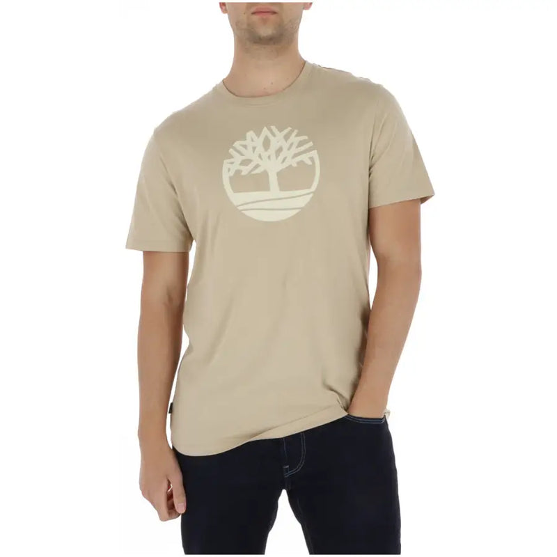 Beige Timberland hommes t-shirt Fabriqué en bois avec un logo d'arbre blanc sur la poitrine pour une tenue décontractée