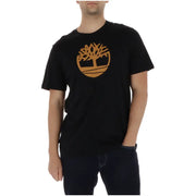 Noir Timberland hommes t-shirt avec un logo oranger bien visible sur la poitrine, confectionné dans un tissu confortable