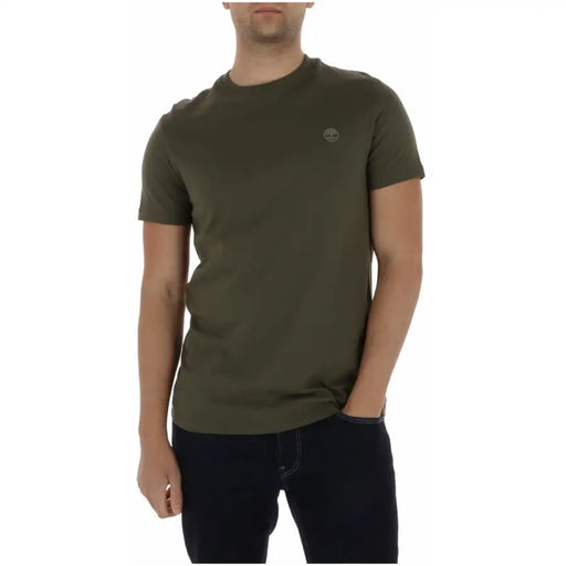 Vert olive timberland hommes t-shirt vêtements décontractés en coton avec col rond et petit logo brodé sur la poitrine gauche