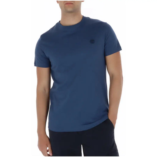 Navy blue Timberland men short sleeve cotton t shirt with a small dark logo on the left chest