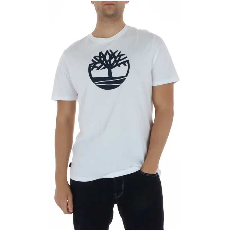 Blanc timberland hommes t-shirt Confectionné en coton, orné d'un logo circulaire noir en forme d'arbre sur la poitrine