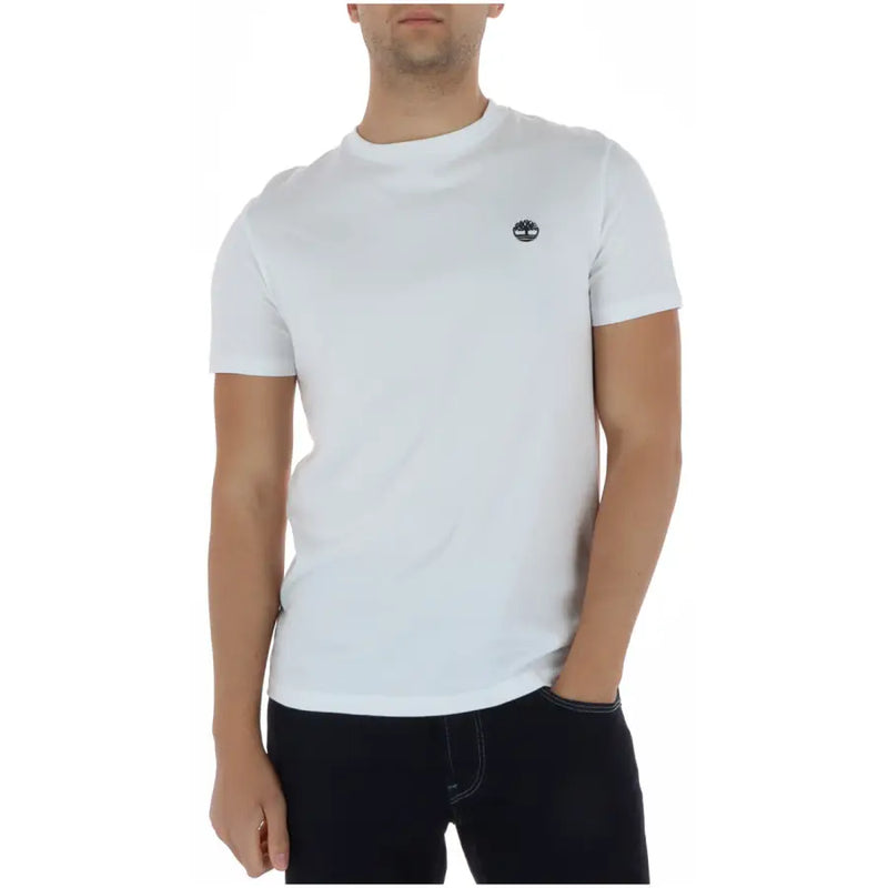 Blanc Timberland hommes t-shirt Pull ras du cou avec petit logo noir sur la poitrine gauche, confectionné en coton doux.