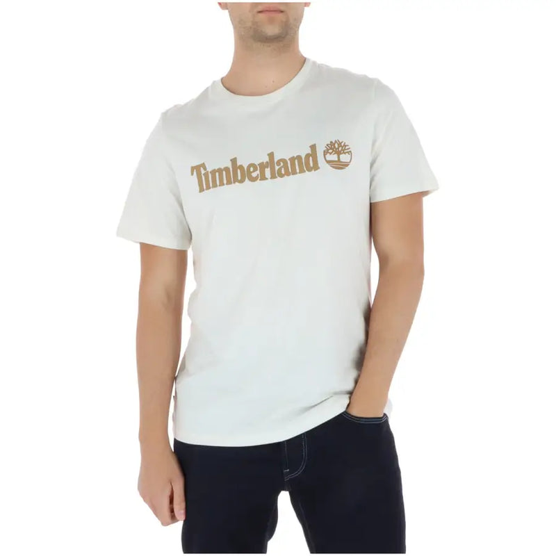 Blanc Timberland hommes t-shirt orné d'un logo doré et d'un emblème d'arbre sur la poitrine
