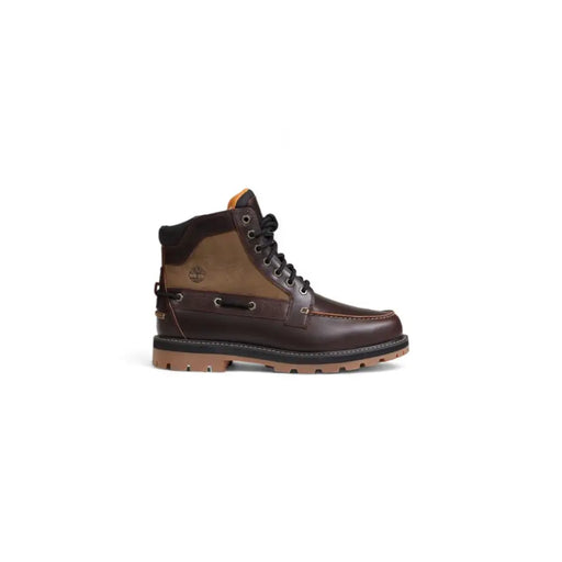 Timberland men’s brown ankle boots in dark brown leather with tan accents and black laces in a rugged design