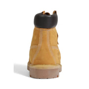 Timberland Bottes pour homme en cuir marron, modèle slip-on, tige de 15 cm en daim beige, bout renforcé en caoutchouc noir et semelle extérieure beige.