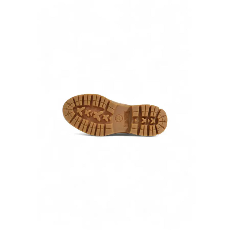 Tan rubber sole with textured tread and timberland logo embossed near the heel of timberland women beige suede boots