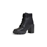 Timberland women black leather lace-up ankle boot with chunky block heel and textured sole