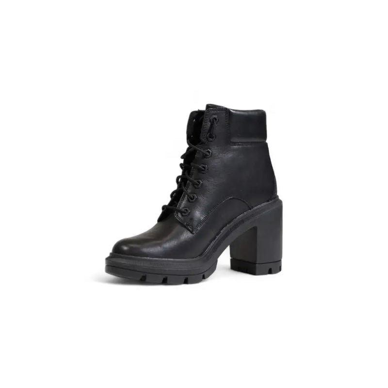Timberland women black leather lace-up ankle boot with chunky block heel and textured sole