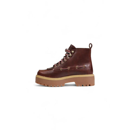 Timberland Bottine mi-haute à lacets pour femme, en polyuréthane marron, tige en cuir marron à la cheville et semelle plateforme épaisse beige.