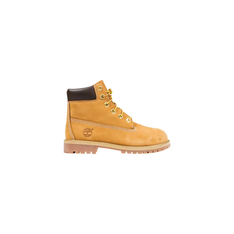 Timberland women leather ankle boots beige lace up with tan 6-inch boot black collar and gold tone laces