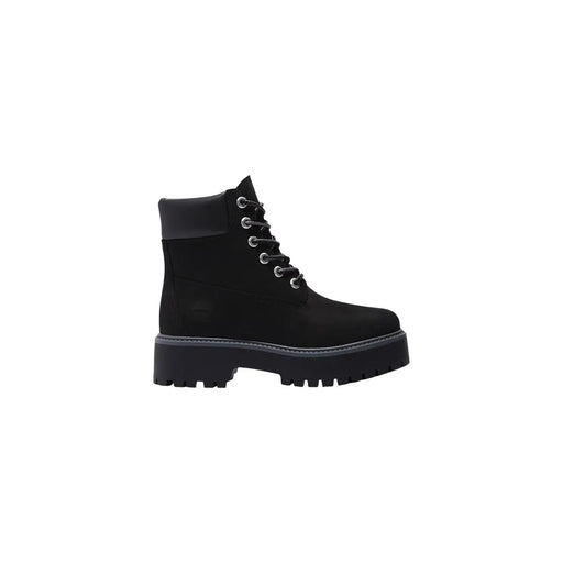 Timberland Bottines en cuir noir imperméables pour femmes, en daim noir, avec œillets argentés et semelle compensée épaisse.