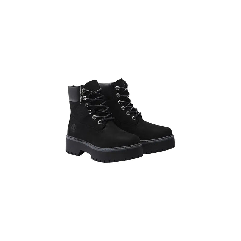 Timberland women leather boots black waterproof with suede upper silver eyelets and chunky rubber soles