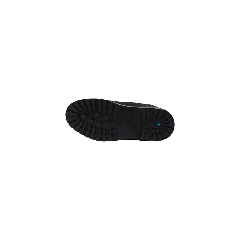 Black rubber sole with deep tread pattern and teal logo on timberland women leather boots black waterproof back side