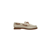 Timberland women leather moccassin beige boat shoe with textured leather brown laces and matching rubber sole