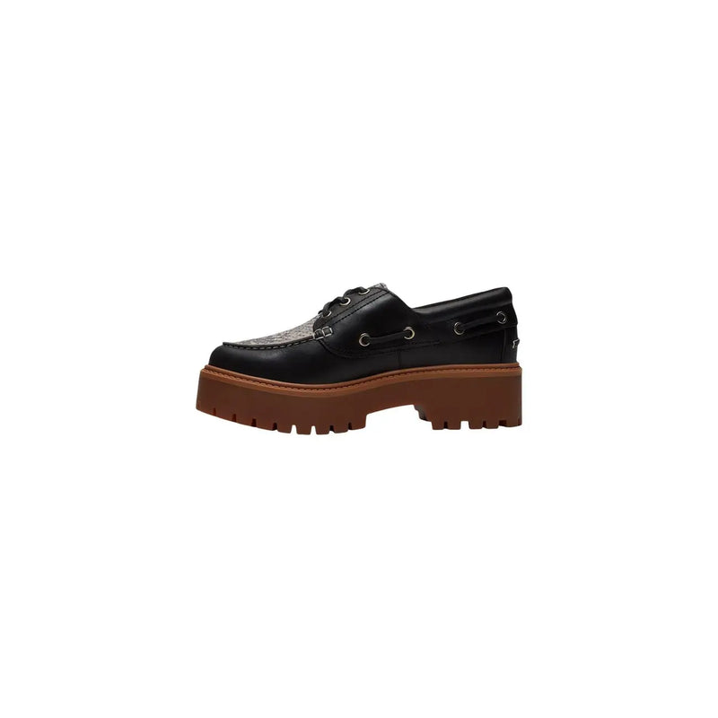 Timberland women leather platform shoes in black with textured toe cap and brown rubber sole for stylish comfort