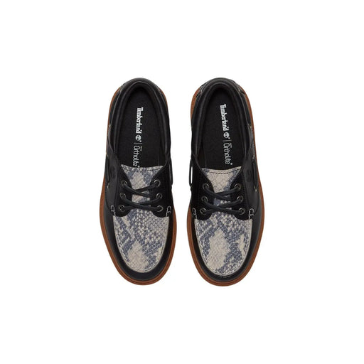 Timberland Chaussures à plateforme en cuir noir pour femmes, avec imprimé serpent noir et gris et semelles en caoutchouc marron basses.top baskets