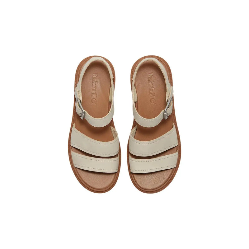 Timberland women leather sandals in cream color with tan soles and silver buckle straps for stylish comfort