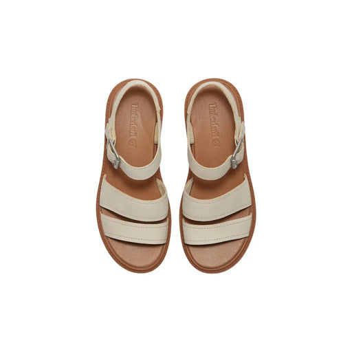 Timberland Sandales en cuir pour femmes, couleur crème, avec semelles beiges et brides à boucle argentée pour un confort élégant