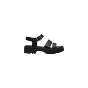 Timberland women leather sandals in black featuring a chunky platform sole and silver buckle closure