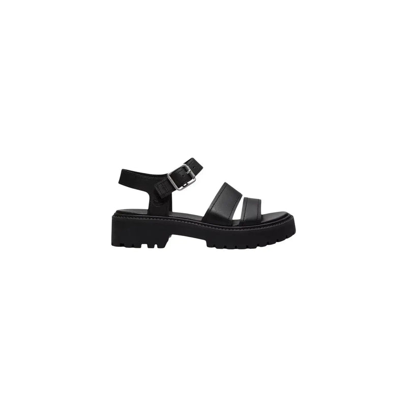 Timberland women leather sandals in black featuring a chunky platform sole and silver buckle closure