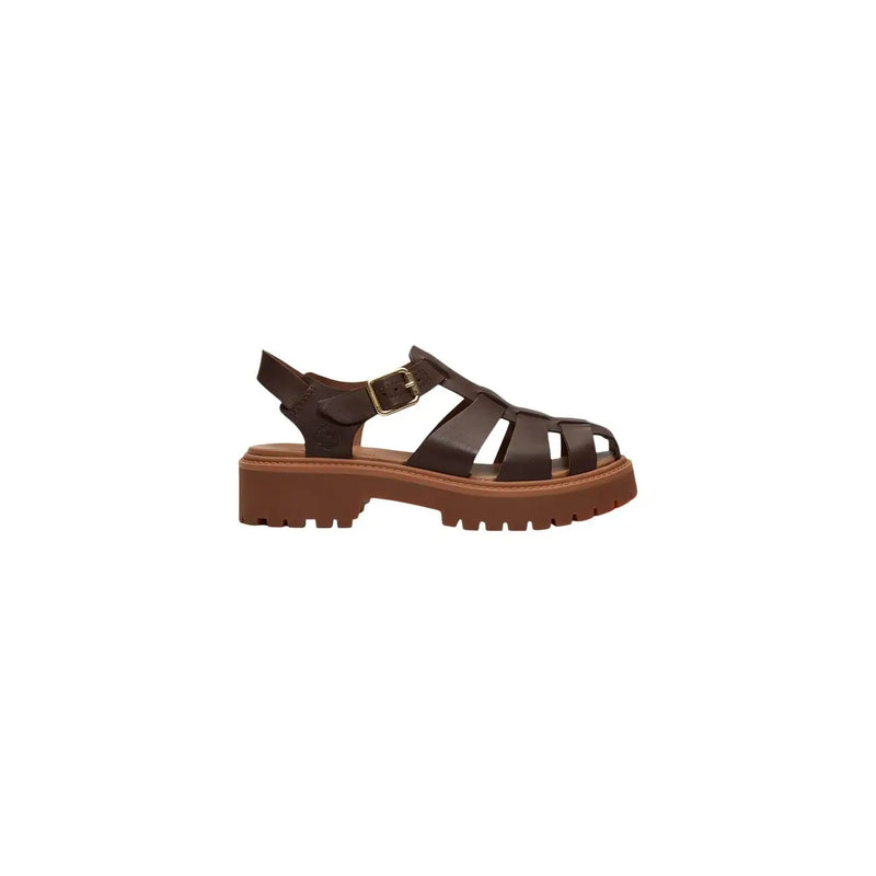 Timberland women leather sandals in brown with chunky textured sole and gold-tone buckle for stylish comfort