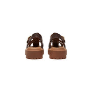 Timberland women leather sandals in brown with chunky tan platform soles and gold tone buckle details