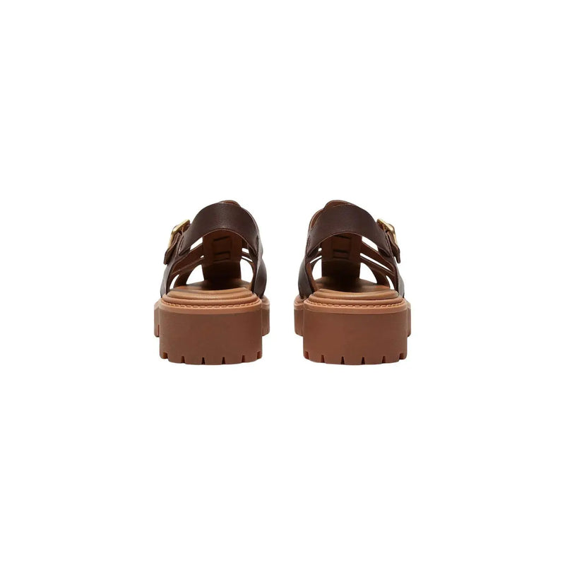 Timberland women leather sandals in brown with chunky tan platform soles and gold tone buckle details