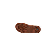 Back view of timberland women leather sandals featuring a brown rubber sole with textured tread and embossed logo