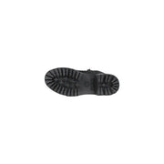Timberland women’s black leather ankle boots with a rugged textured rubber sole and distinctive cross-shaped tread pattern
