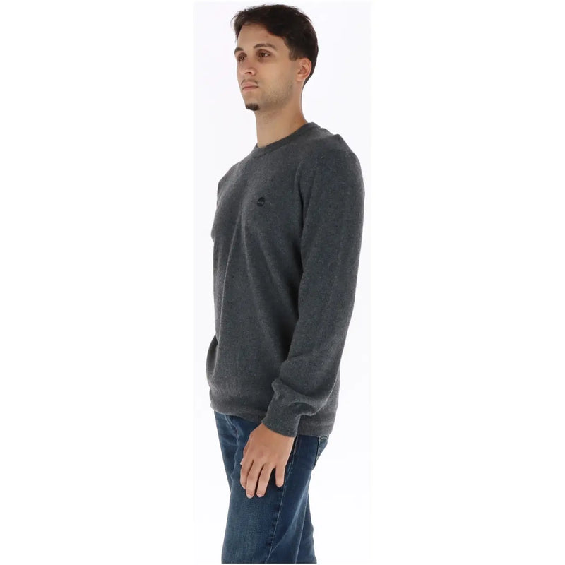 Timberland Pull en laine pour homme, gris foncé chiné, avec petit logo noir sur la poitrine gauche, vue de face