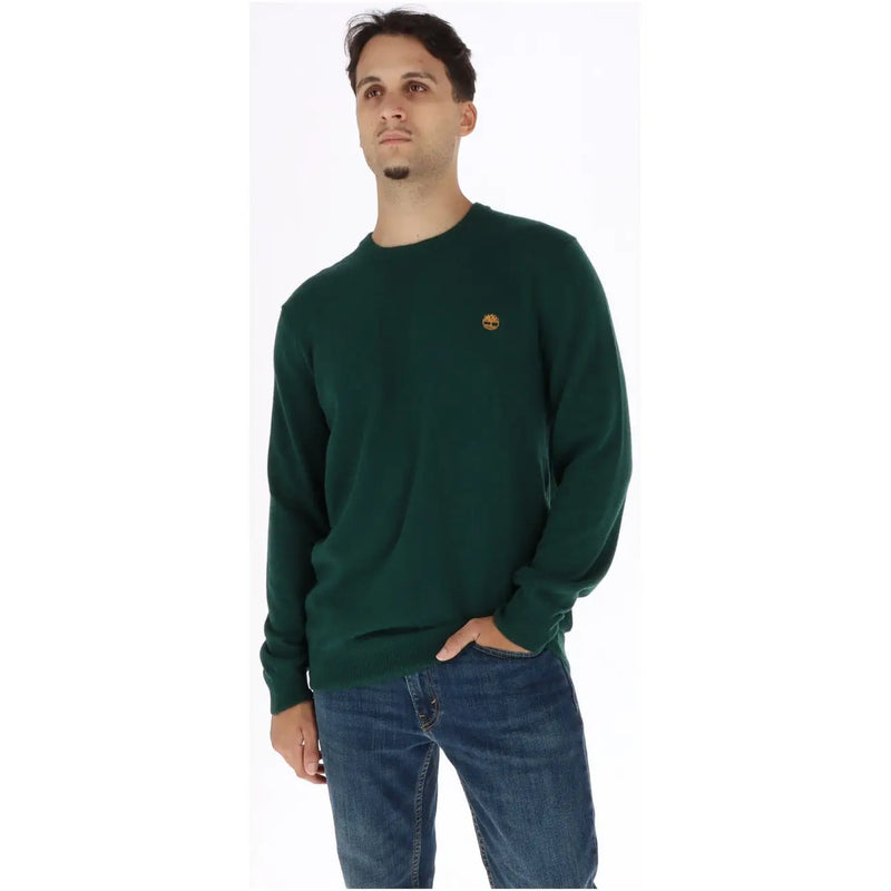 Timberland Pull en laine pour homme vert foncé avec petit logo brodé sur la poitrine gauche, vue de face