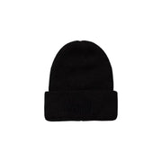 Black beanie hat with ribbed texture and folded cuff