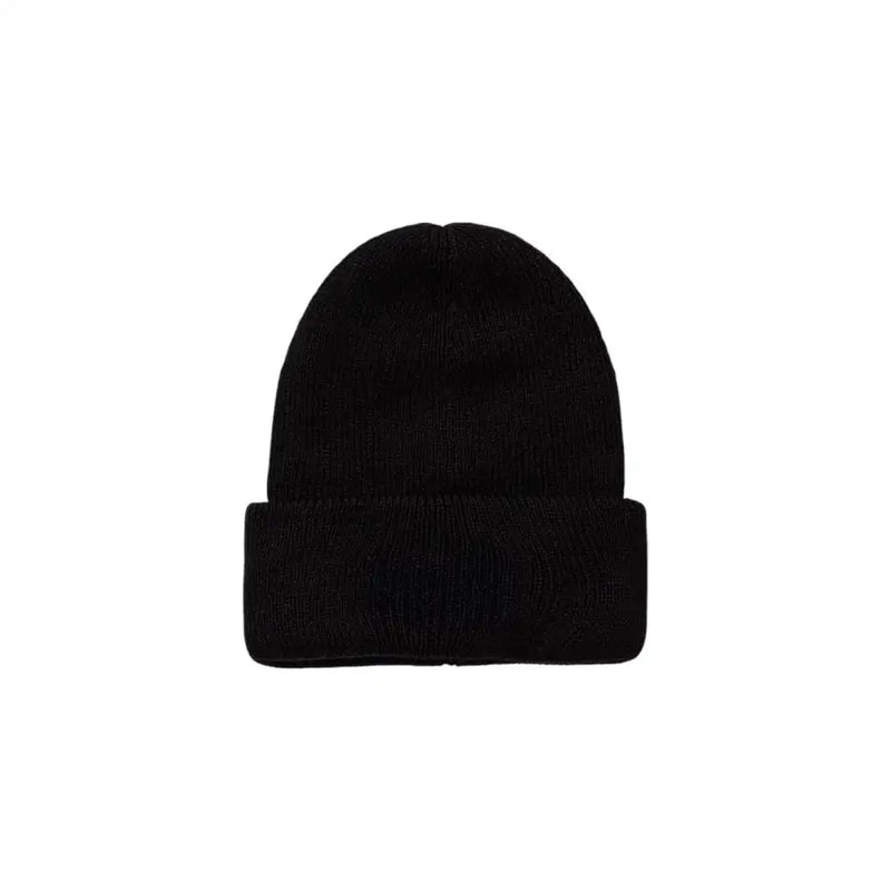 Black beanie hat with ribbed texture and folded cuff