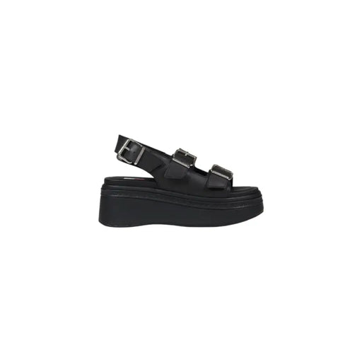 Tommy Hilfiger black leather platform wedge sandal with silver buckles