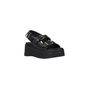 Tommy Hilfiger black leather platform wedge sandals with silver buckles