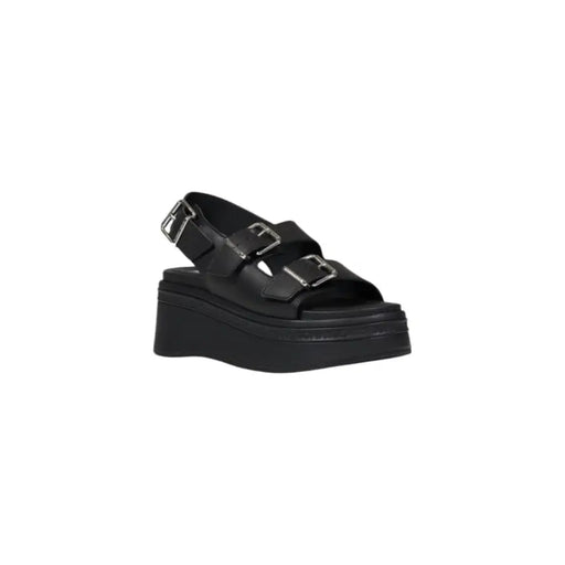 Tommy Hilfiger black leather platform wedge sandals with silver buckles