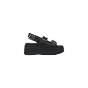 Tommy Hilfiger black leather wedge shoes for women with black platform and three silver buckle straps
