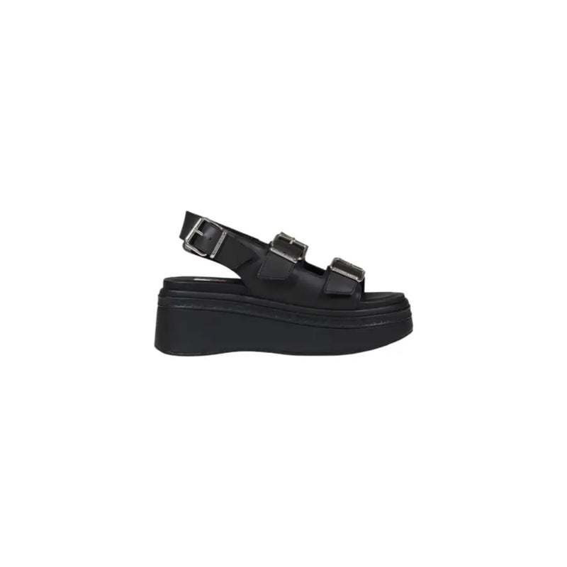 Tommy Hilfiger black leather wedge shoes for women with black platform and three silver buckle straps